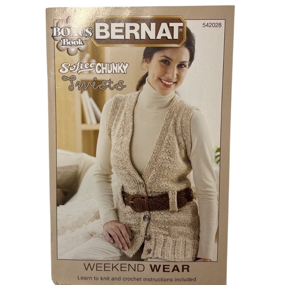 Share Bernat Knitting Pattern Booklet Weekend Wear Hats Scarves Vests Sweaters